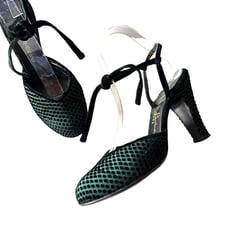 Vintage 50s Herbert Levine Babydoll Ankle Tie Heels, Velvet/Satin, Black, Green