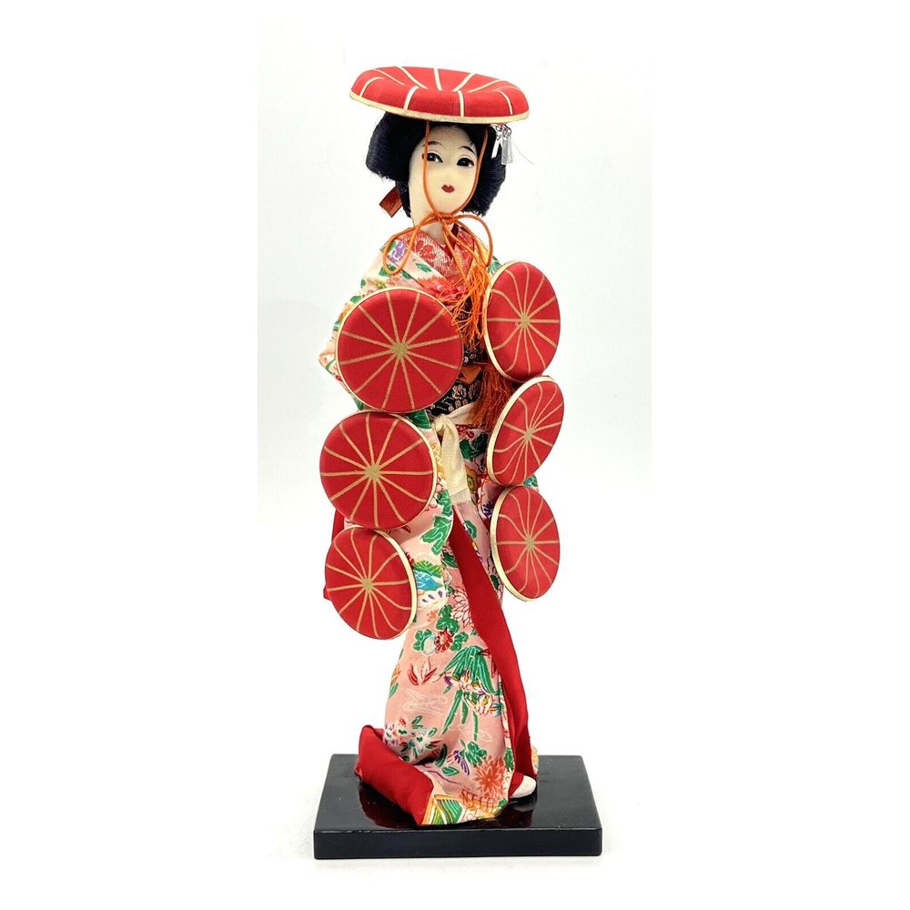 Vintage Nishi Geisha Hat Dancing Doll 13 Japanese Lady Figurine Red/Pin Kimono