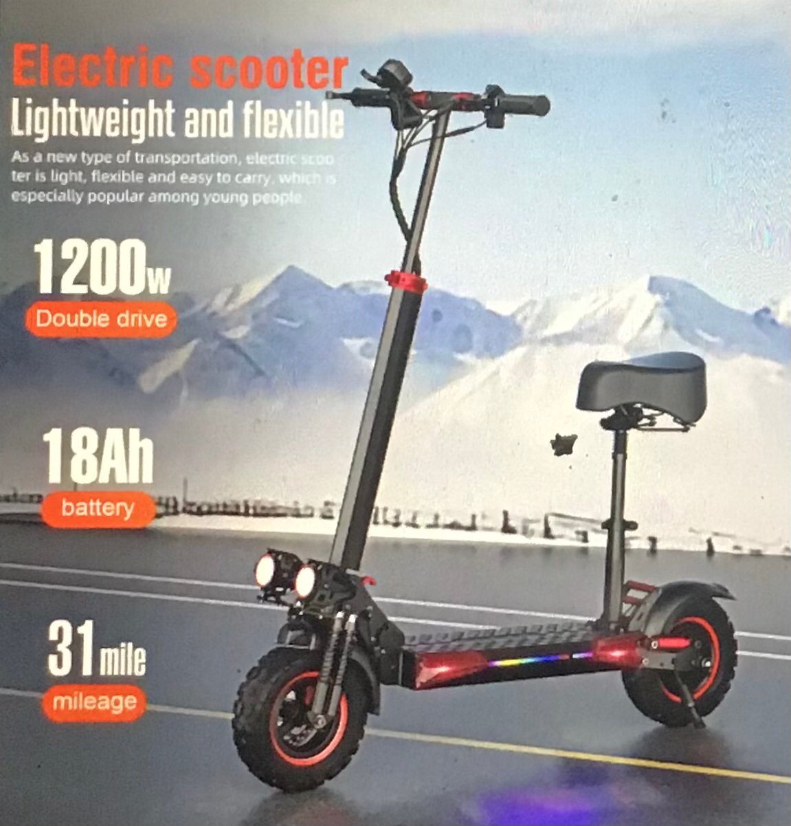 1200w Foldable Electric Scooter w/ Seat 48v 18-20AH 36mph pickup only no ship