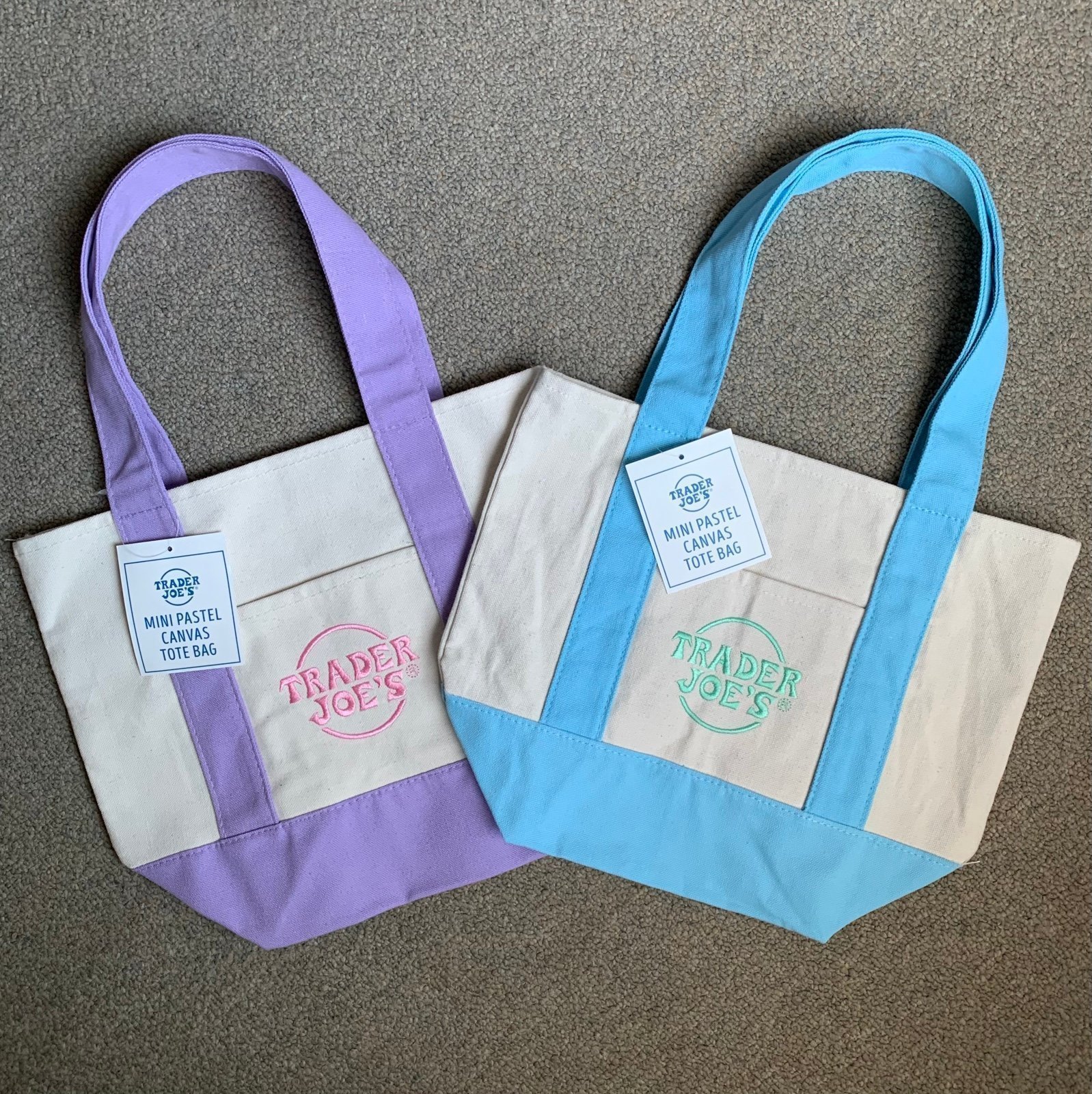 NWT Trader Joe’s Mini Pastel Tote Bags, 2 Colors: Baby Blue, Lavender/Purple