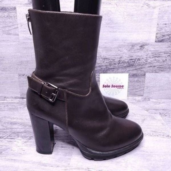 Bruno Premi Mid Calf Leather Buckle Strap Heeled Boot Brown sz 38 Women's sz 7.5