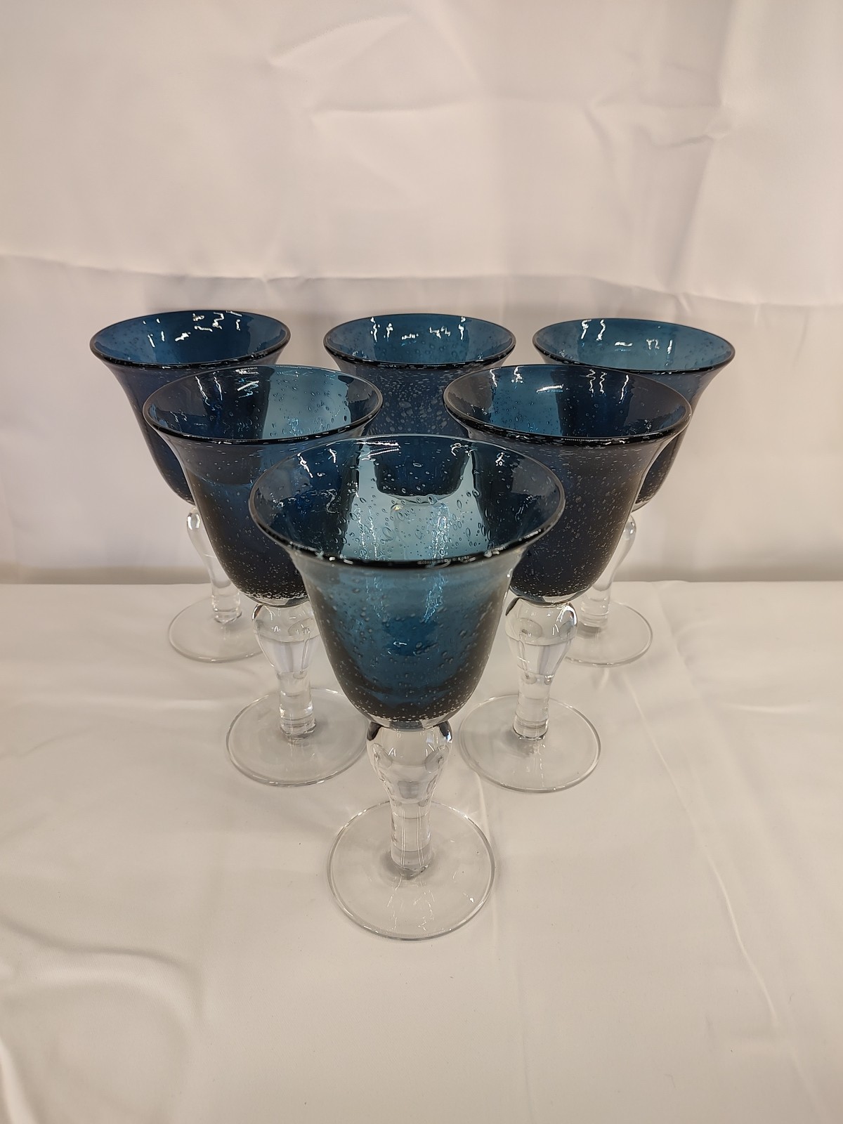 6 Artland Iris Cobalt Blue Hand Blown Seeded Wine Water Goblet Glasses MINT