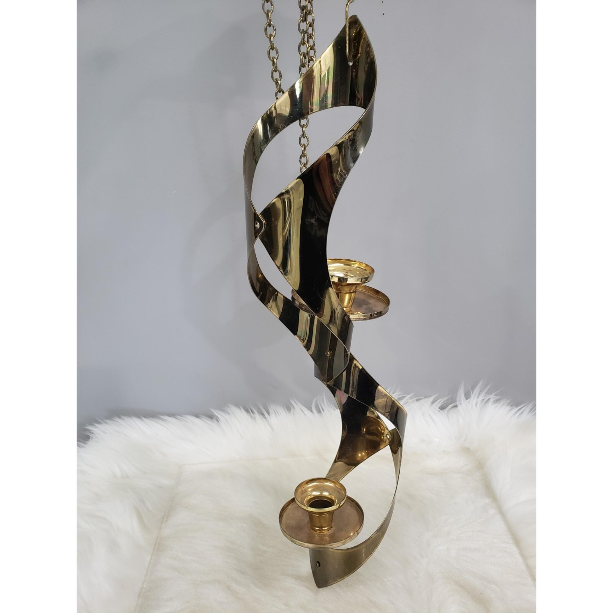 Vintage MCM Mascot Brass Swag Hanging Chandelier Candle Holder Abstract