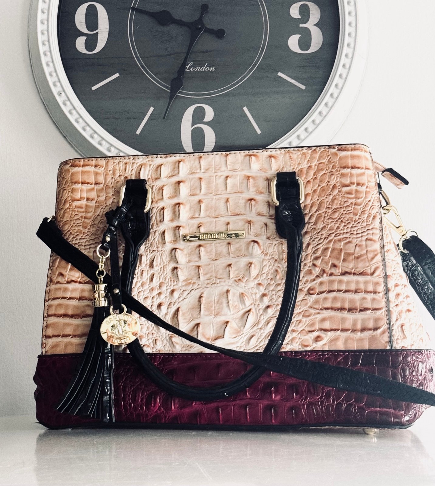 Authentic Brahmin, Anywhere Tote Croc Vanilla Linen Leather Shoulder Bag Charms