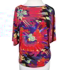 Clara Sun Woo Colorful Slinky Bold Abstract Floral Dolman Sleeve Top Sz M USA