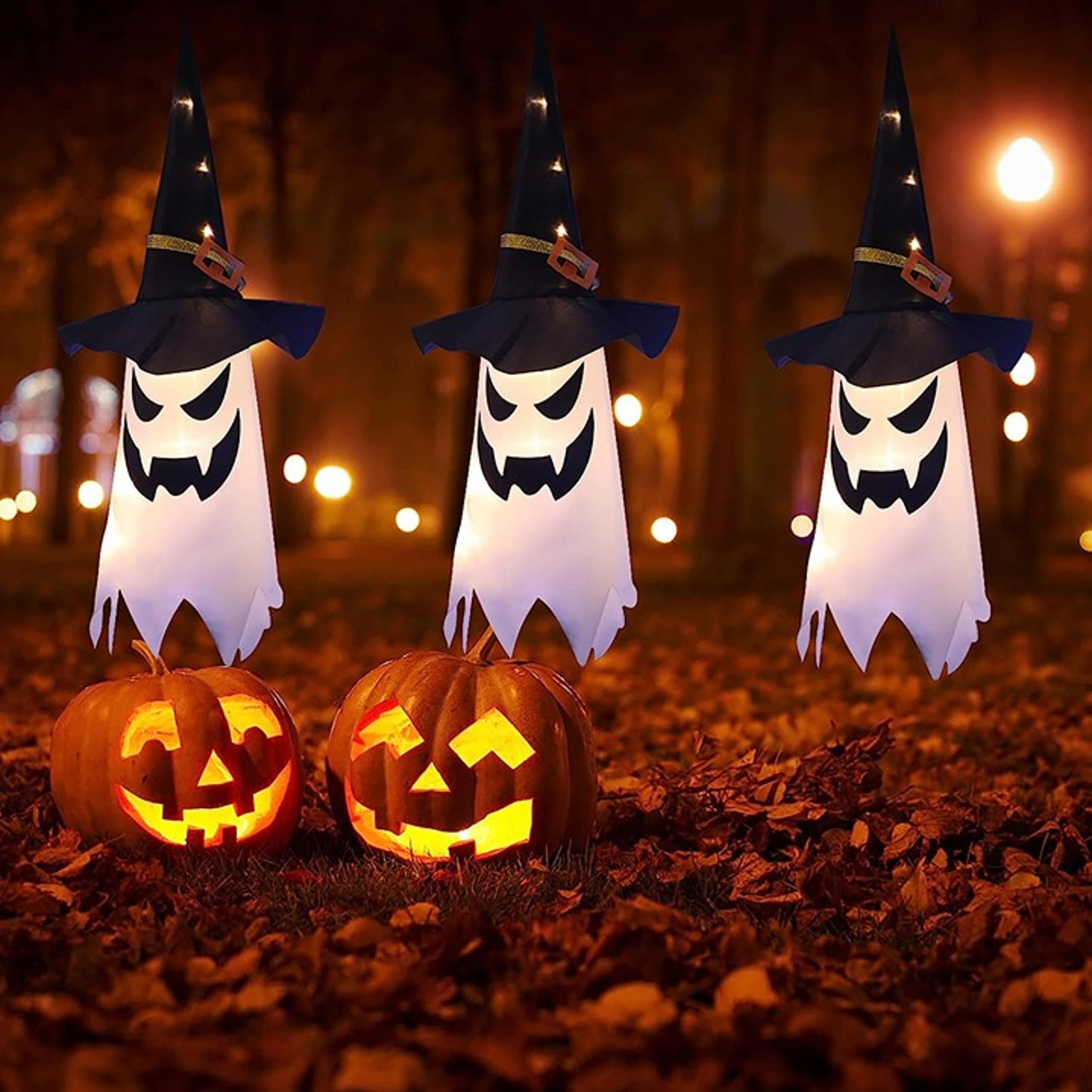 3PCS Outdoor Decor Hanging Lighted Glowing Ghost Witch Hat Halloween Indoor Out