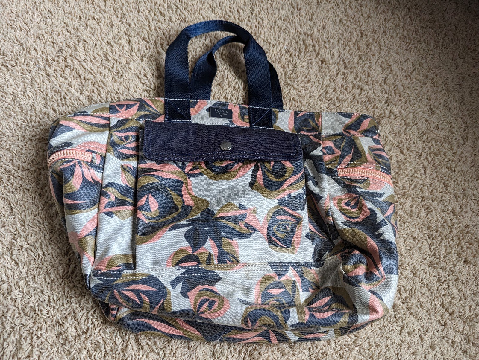 FOSSIL EAST WEST PAINTED FLORAL Pink Grey Green LARGE TOTE BAG