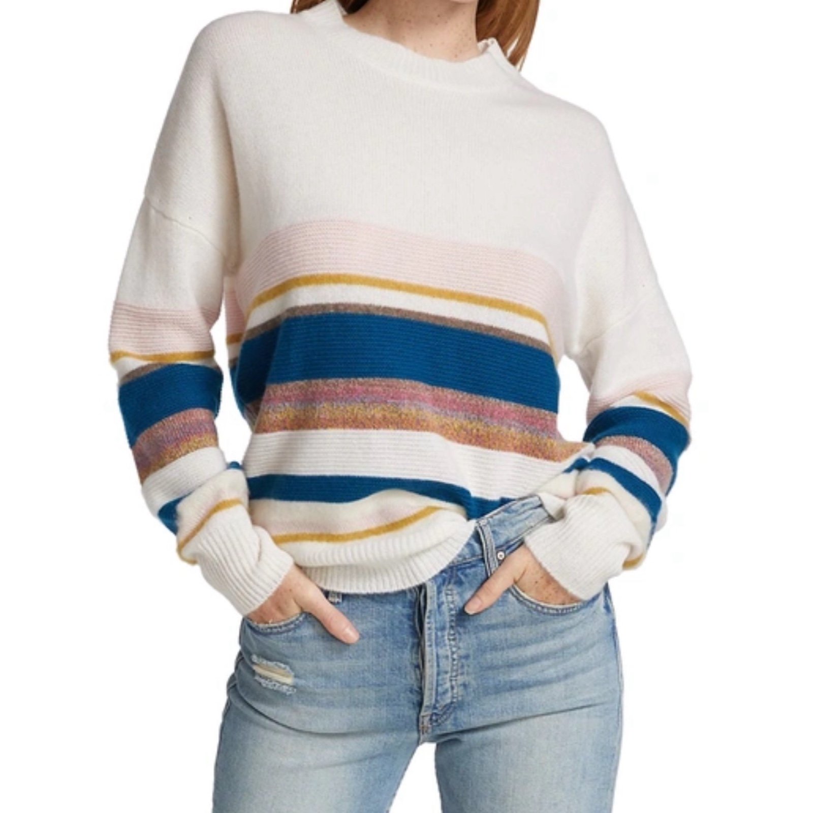27 Miles Penelope stripe cashmere wool sweater in cloud white pink blue small
