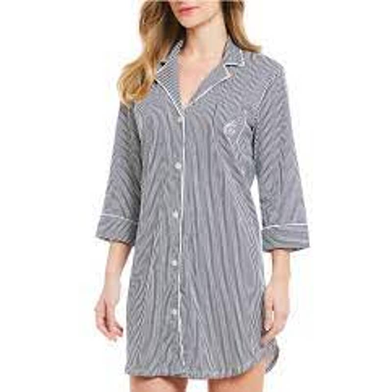 LAUREN RALPH LAUREN Embroidered Logo Striped Pajama Shirt Small