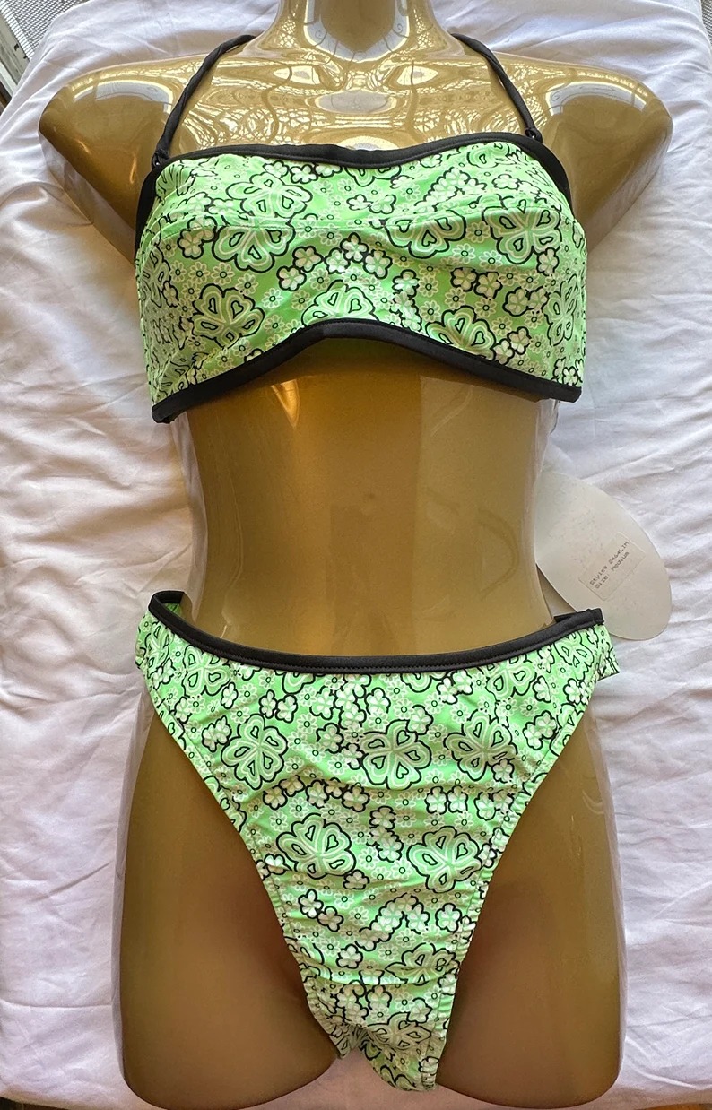 Vintage 90s Y2K Deadstock Bright Lime Green & Black Retro Daisies Underwire Top