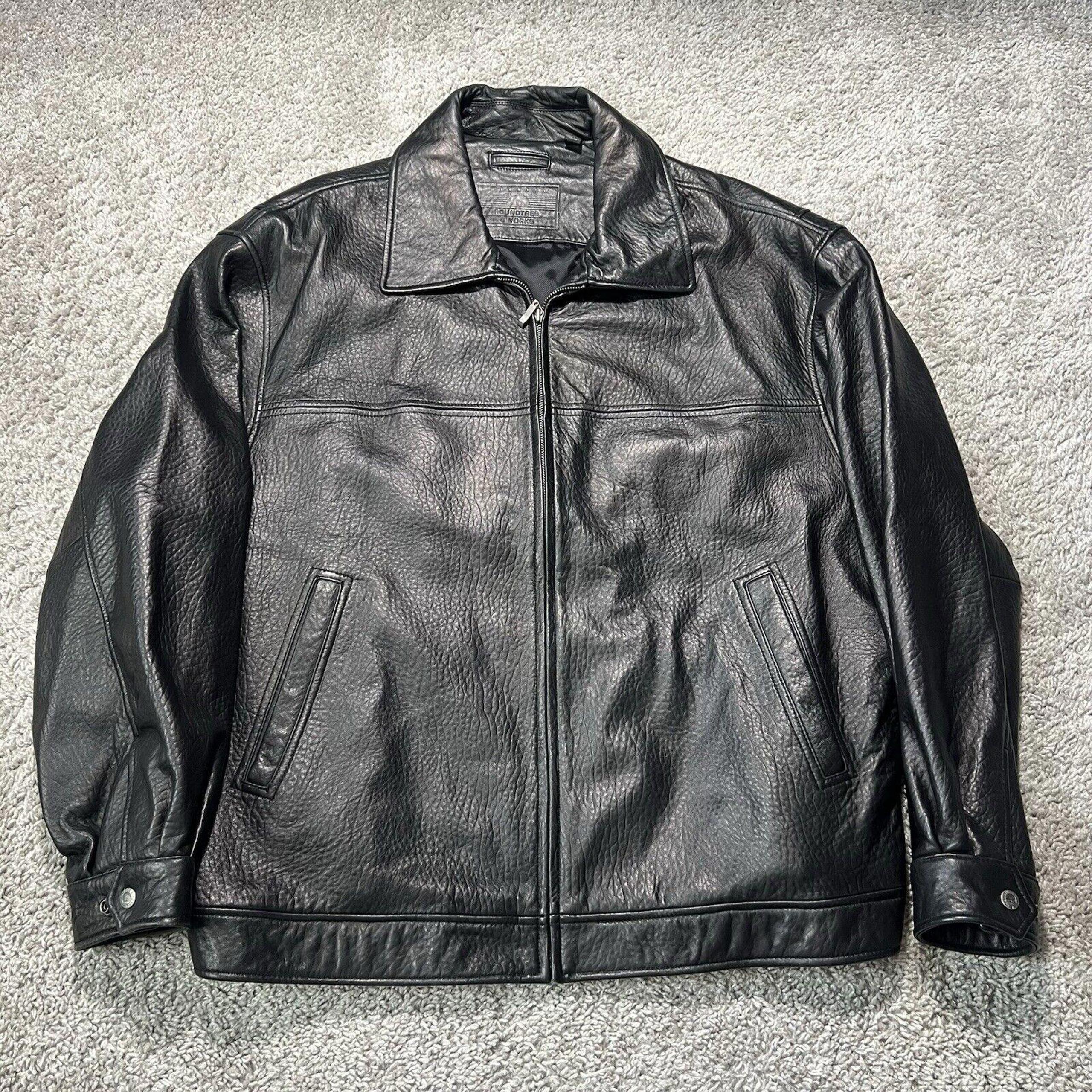 Roundtree Yorke Mens Black Leather Full Zip Jacket Bomber 2X Vintage Classic