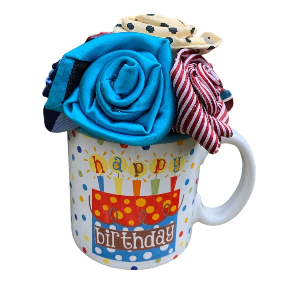 Handmade Upcycled Neck Tie Happy Birthday Cake Candles Ceramic Mug rose bouquet