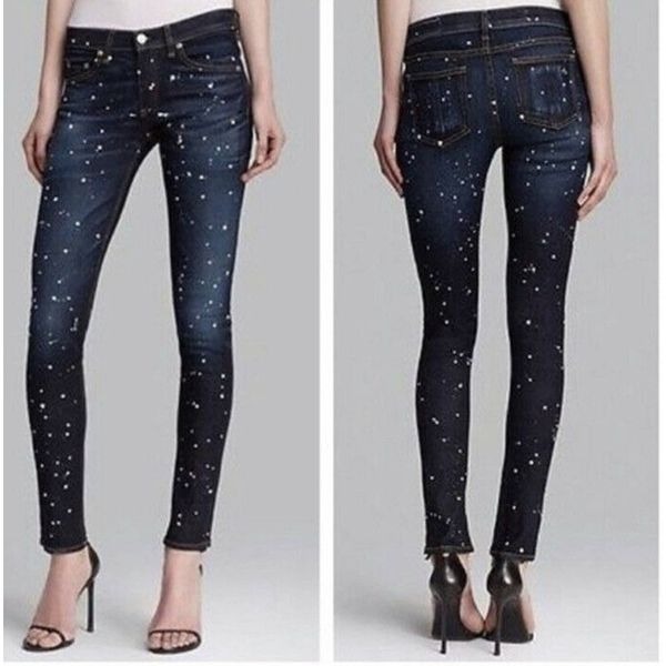 rag and bone paint splattered blue wash denim skinny low rise jeans size US 24