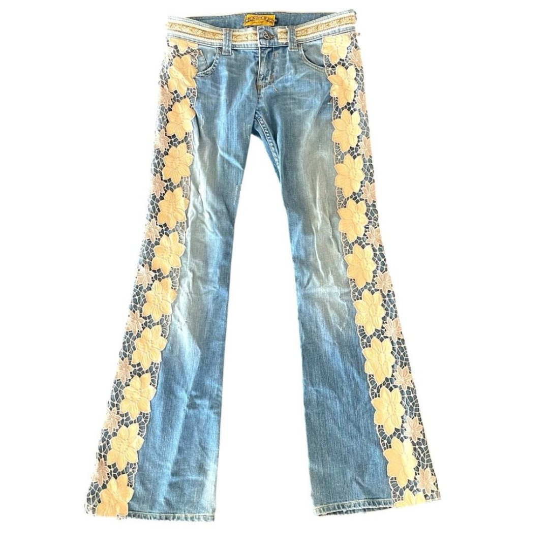 Allen B. Allen Schwartz Designer Blue Cream Boho Beaded Lace Floral Flare Jeans