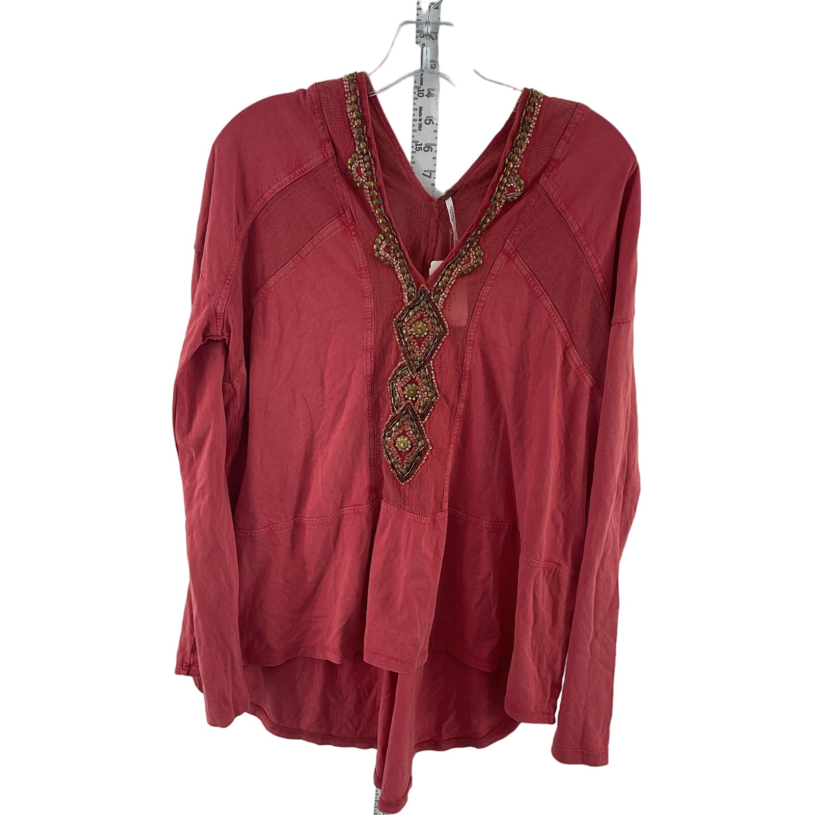 NWT Free People Women's Red Bead Embroidered Long Sleeve Tunic Blouse Size XS