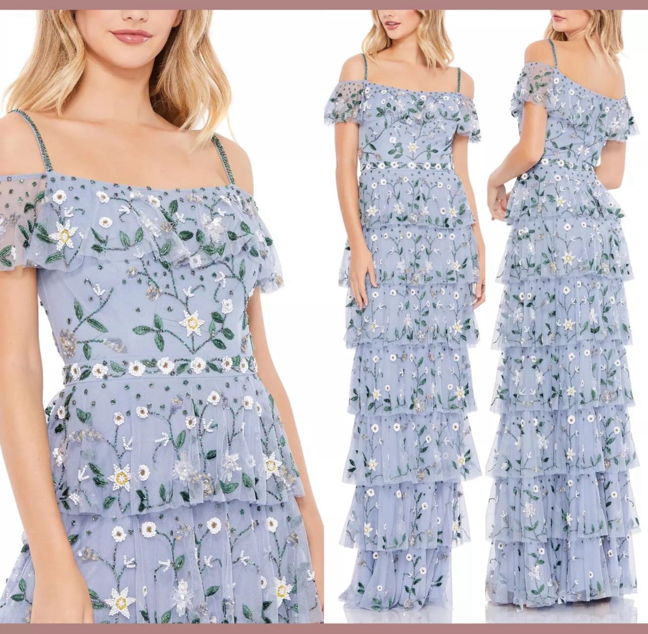 NEW 698 Mac Duggal 9069 Off Shoulder Embroidered Ruffle Tiered Gown Size 0