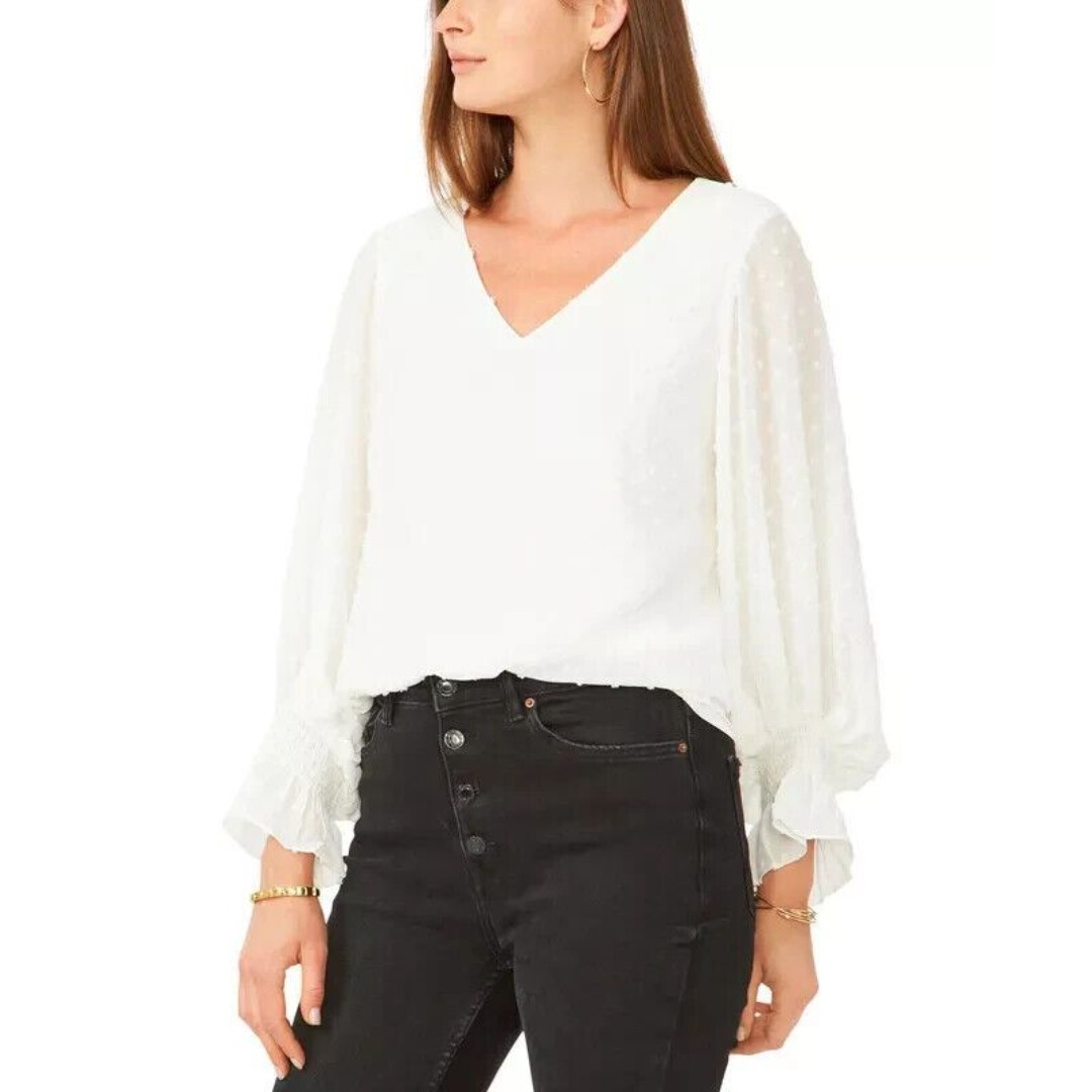Vince Camuto Women's Blouse Clip-Dot Smocked-Cuff Top Soft Ecru Off White S