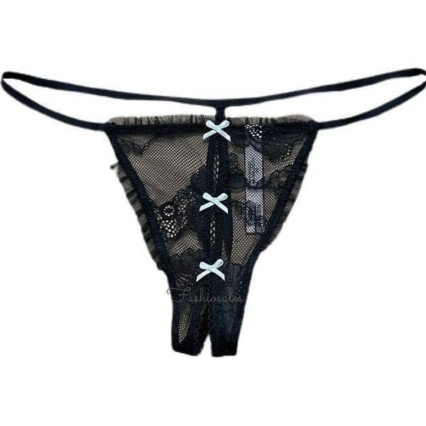 Victorias Secret Dream Angels Lace Ruffle trim Crotchless V string Panty Black M
