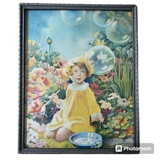 Vintage 1920s 30s Framed Print Blowing Bubbles Fairy Frances Tipton Hunter 14x11