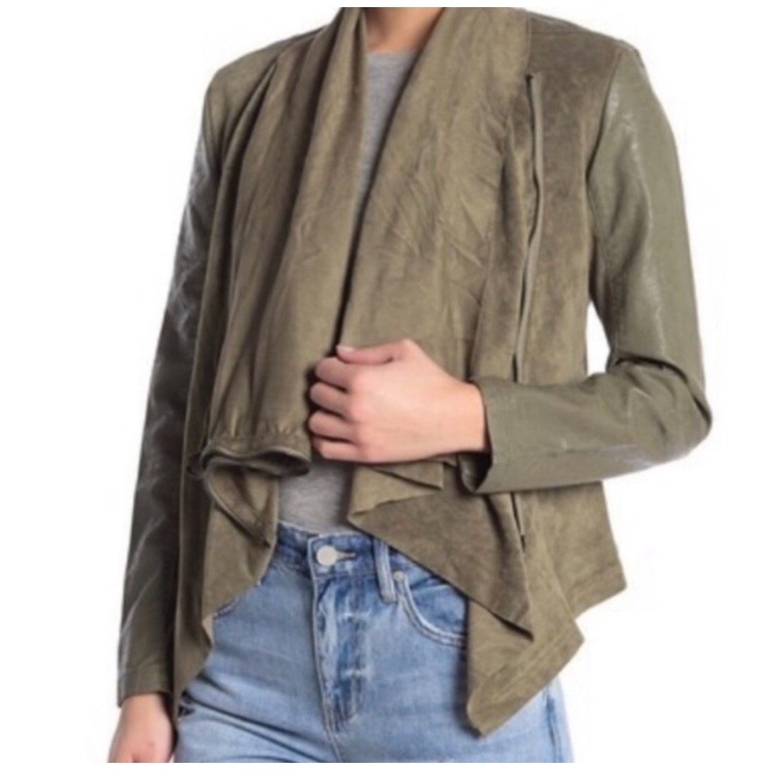 BlankNYC Faux Suede Leather Moto Jacket Mixed Media Draped Olive Green Sz Small