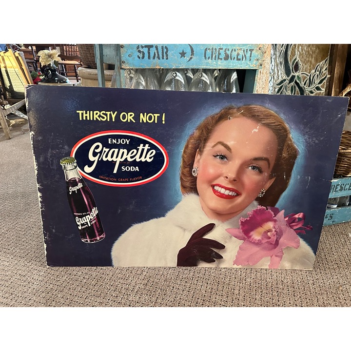 Vintage 1940s Grapette Grape Soda Advertising Litho Store Sign w/ Girl Cardboard