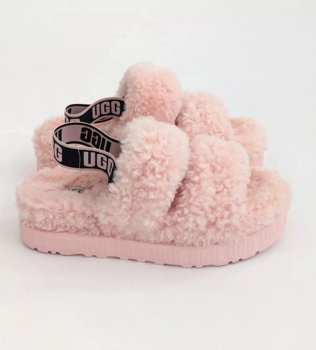 UGG ‘Oh Fluffita’ Fur Sheepskin Pink Slide Sandals Sz 8 Black Strap