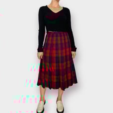 80s Pendleton Red Navy Green Wool Pleated Midi Skirt