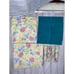 Floral print table cloth, napkins, napkin rings, 2 solid teal placemats