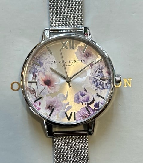 Olivia Burton Signature Florals Watch With 38mm Silver Face & MeshBracelet