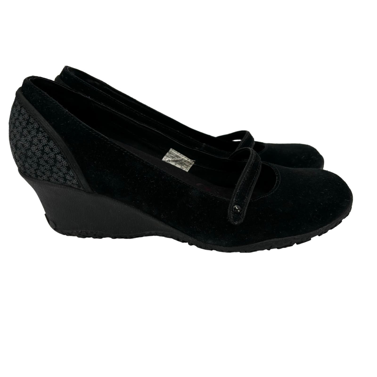 Merrell Petunia Wedge Heel Mary Jane Shoes Black Suede Leather Floral Back 9.5