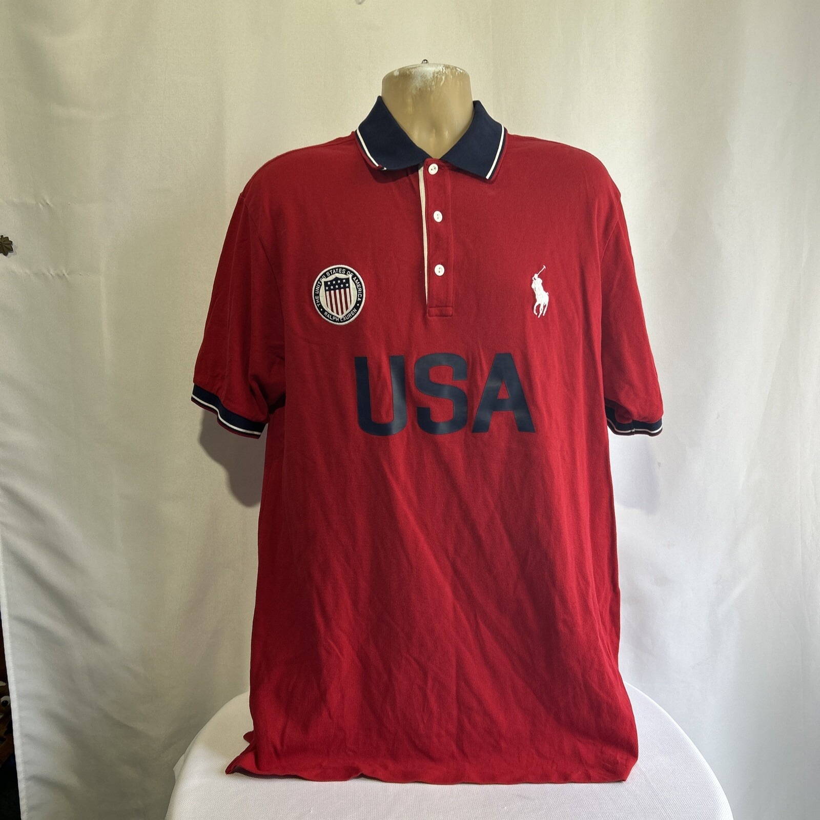 Polo Ralph Lauren Shirt Mens Sz L Tall Custom Slim Fit Red Blue USA Pony Logo