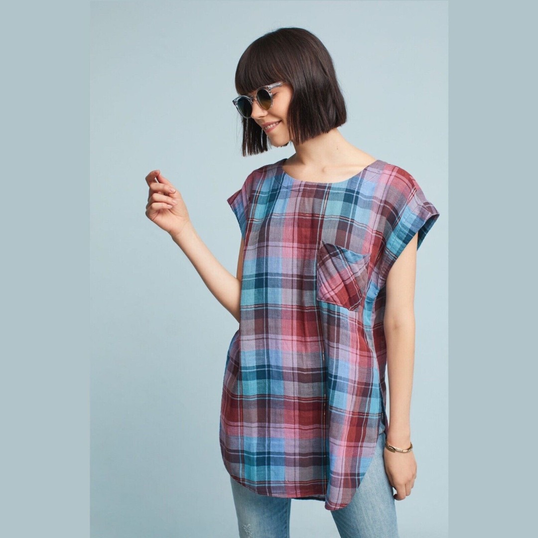AKENI + KIN ANTHROPOLOGIE Cleora Gingham Plaid Cotton Gauze High Low Top Size XS