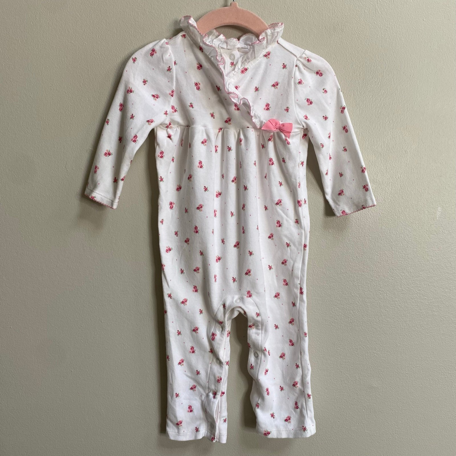Janie & Jack Ivory & Pink Floral Ruffle Cotton Footless 1-Piece 6 - 12 Months