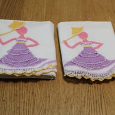 Pillow Cases Crochet Embroidered Girl in Dress with Umbrella Hand Made Vintage