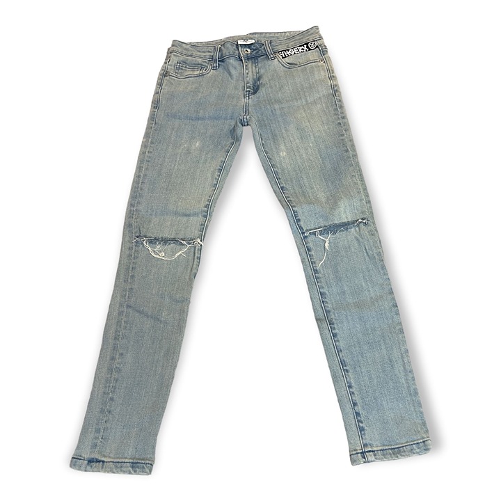 Fingercroxx Womens Light Wash Skinny Jeans Logo Sz XS Distressed Street Style Ur