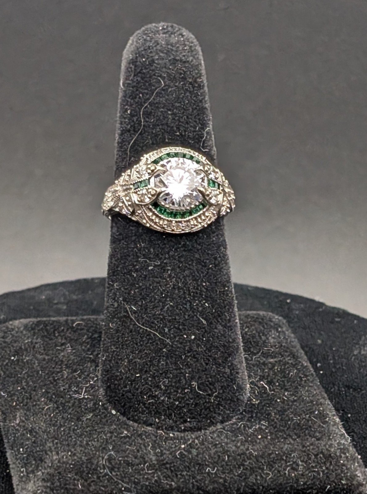 Vintage Sterling Silver CZ with Emerald Green Gemstones Ring