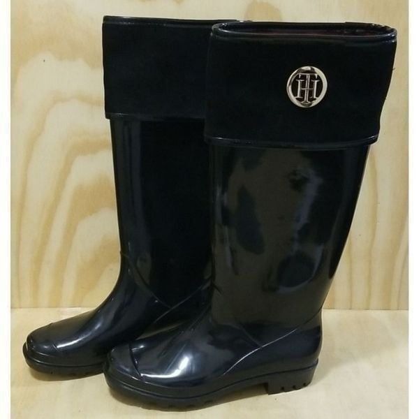 Tommy Hilfiger Knee High Shiner Black Rain Fall Winter Riding Boots Womens Sz 9