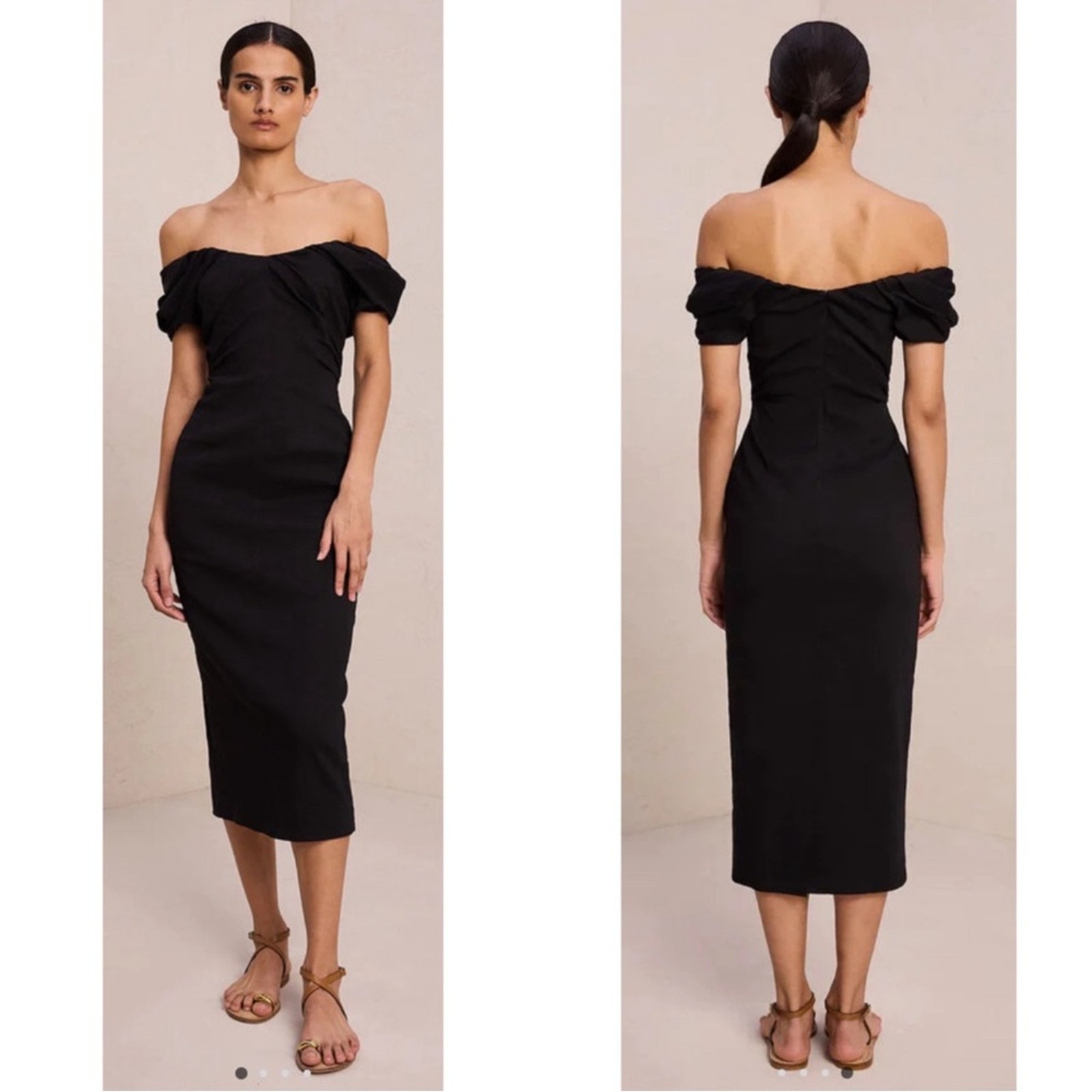 A.L.C. Black Nora Ruched Off the Shoulder Midi Dress Size 2