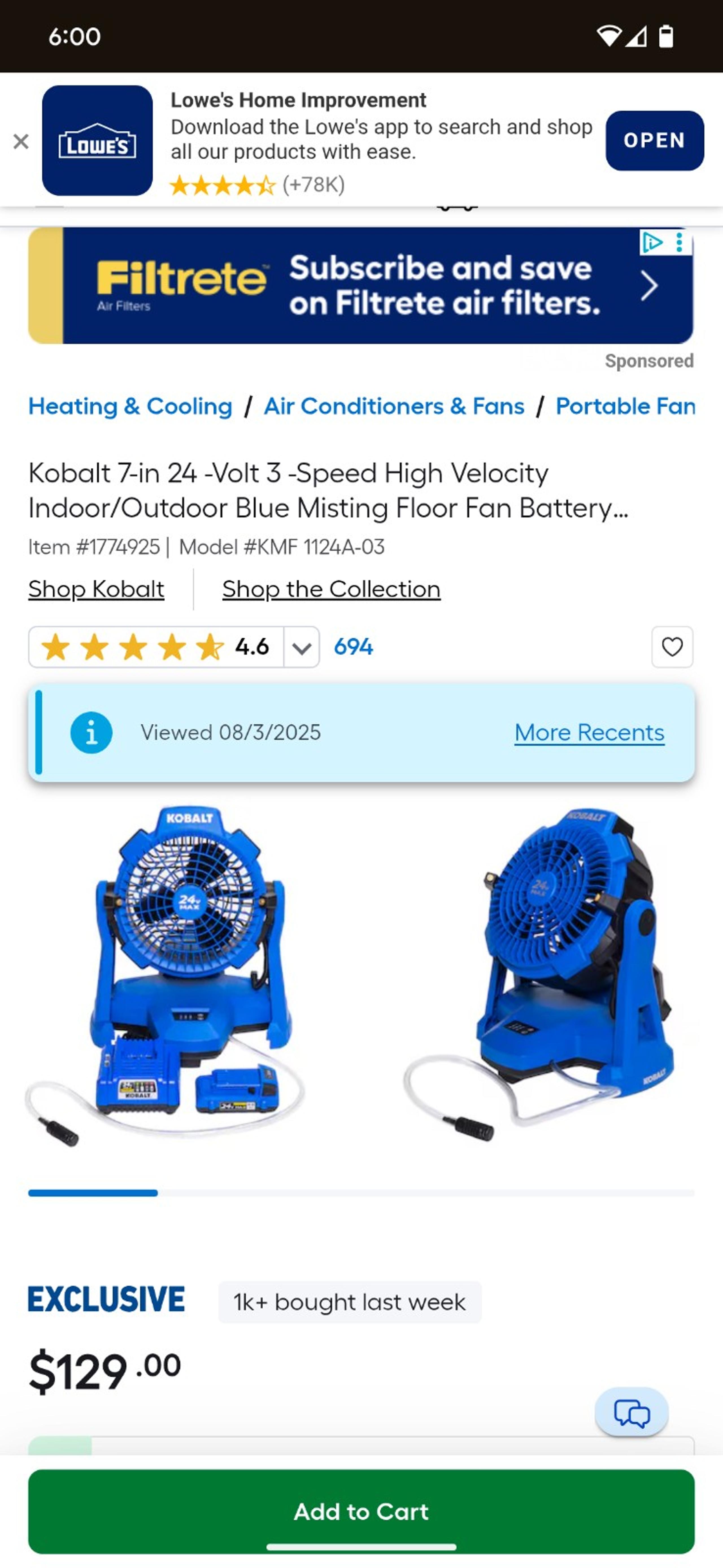 New 7in 24V 3 Speed High Velocity Indoor/Outdoor Blue Misting Floor Fan - Kobalt