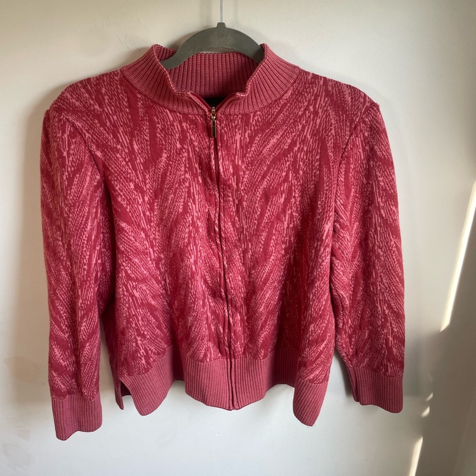 St. John Zip Up Wool Blend Sweater Jacket Coral Pink Pattern Size Large