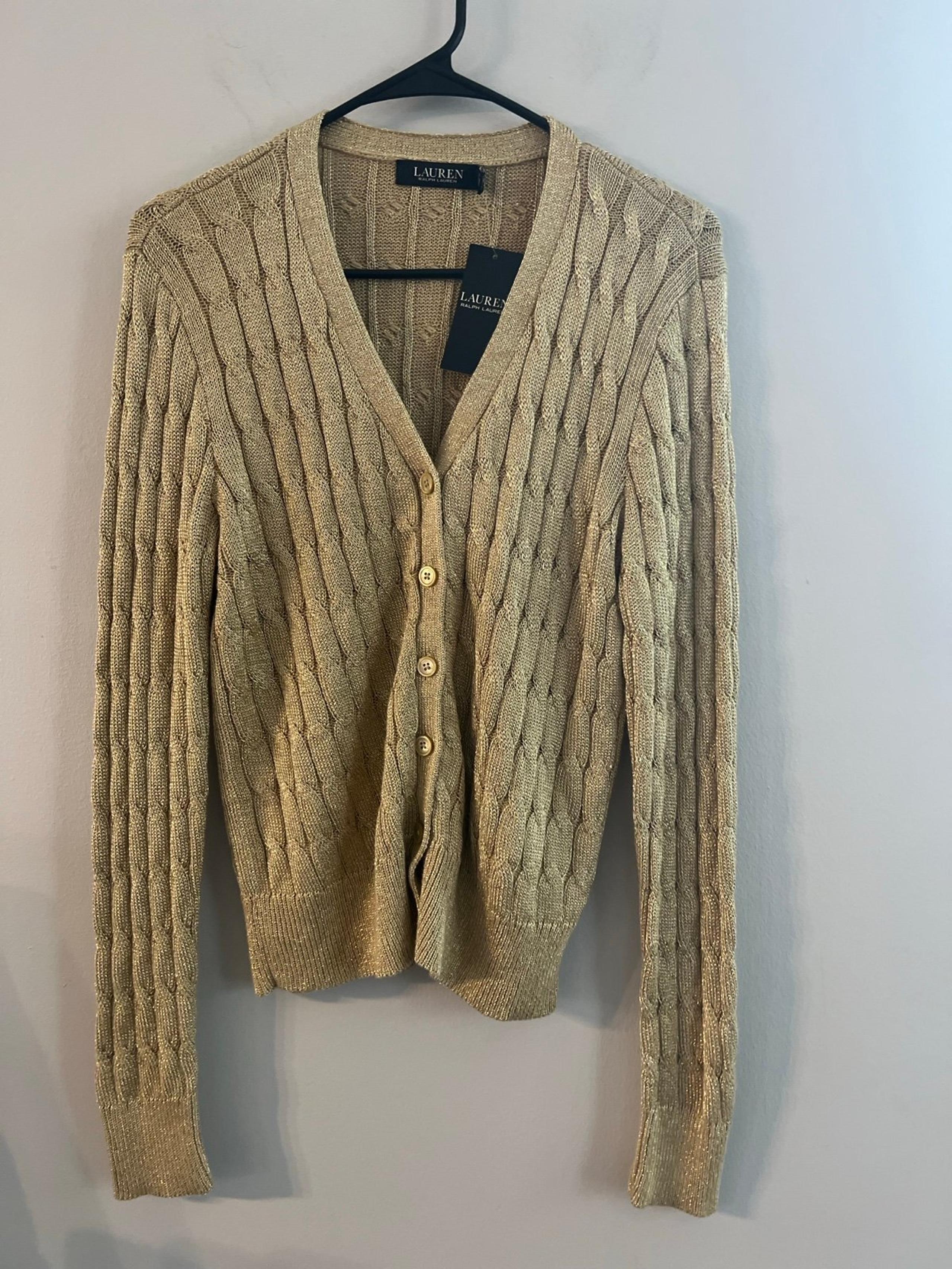 NWT Lauren Ralph Lauren Cable Knit Gold Metallic V Neck Button Sweater Womens L