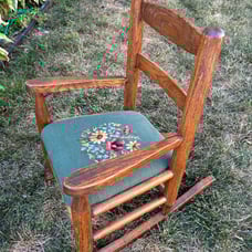 Vintage Wood Childs Rocking Chair with Handmade embroidered Cushion