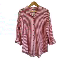 Habitat red striped button up tunic shirt long sleeve roll tab collar stretchy L