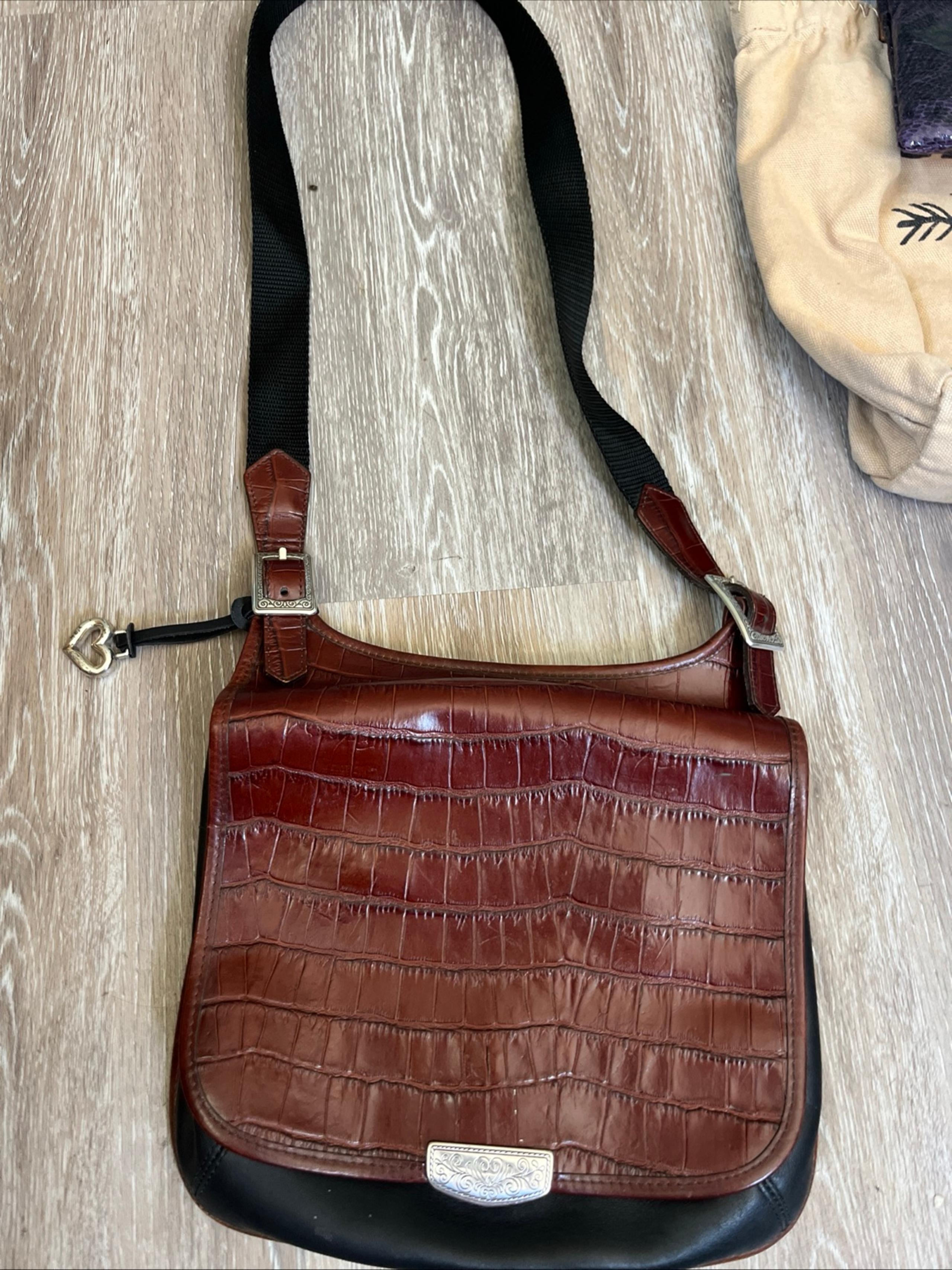 Vintage Brighton Purse Moc Croc Brown Black Leather Nylon Strap Large Silver