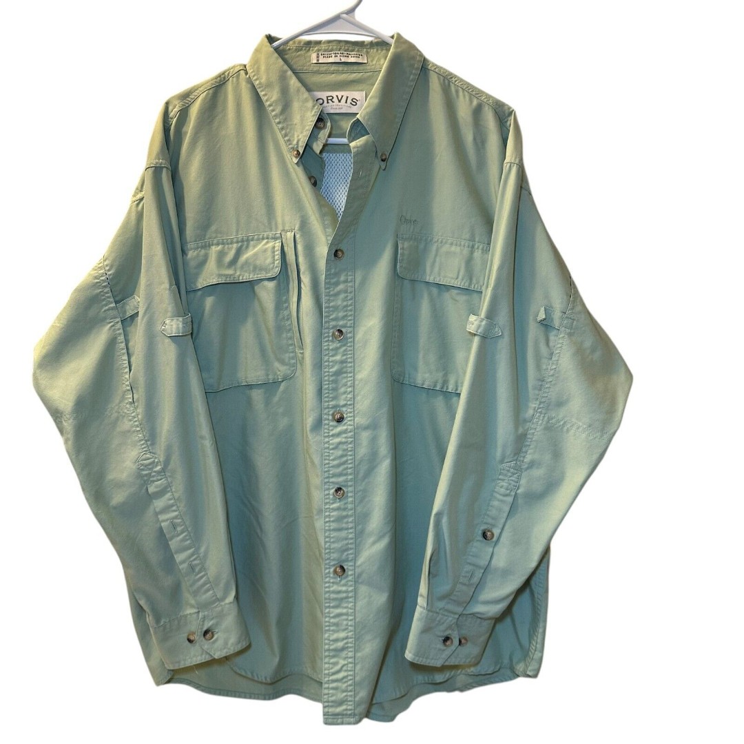 Orvis Vented Fishing Shirt Men's Size Large Trout Bum Green Long Sleeve Roll Tab