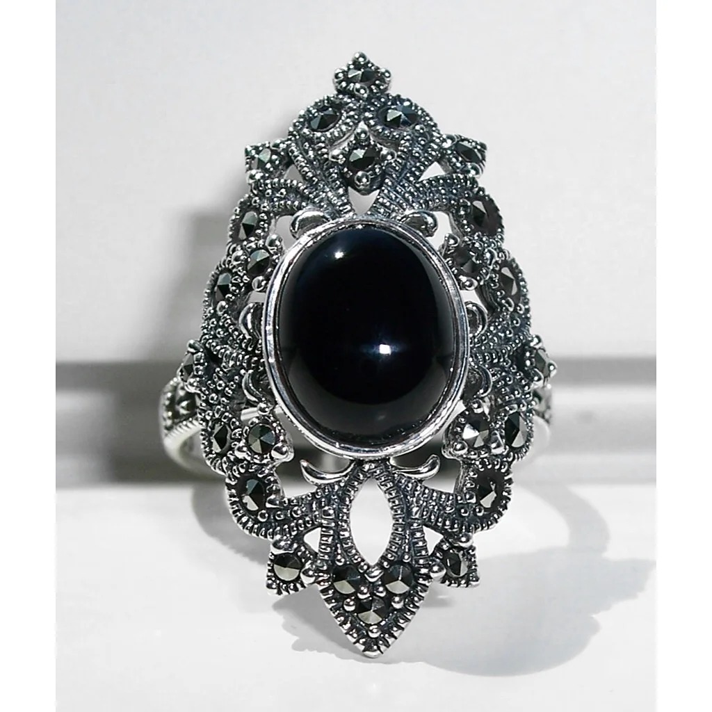 Size 10, 925 STERLING SILVER Black Onyx Marcasite Fleur De Lis Ring