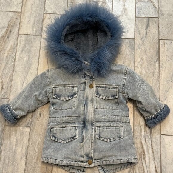 Alex and Nova toddler girls 2T blue denim Winter Sherpa Lined Boutique coat