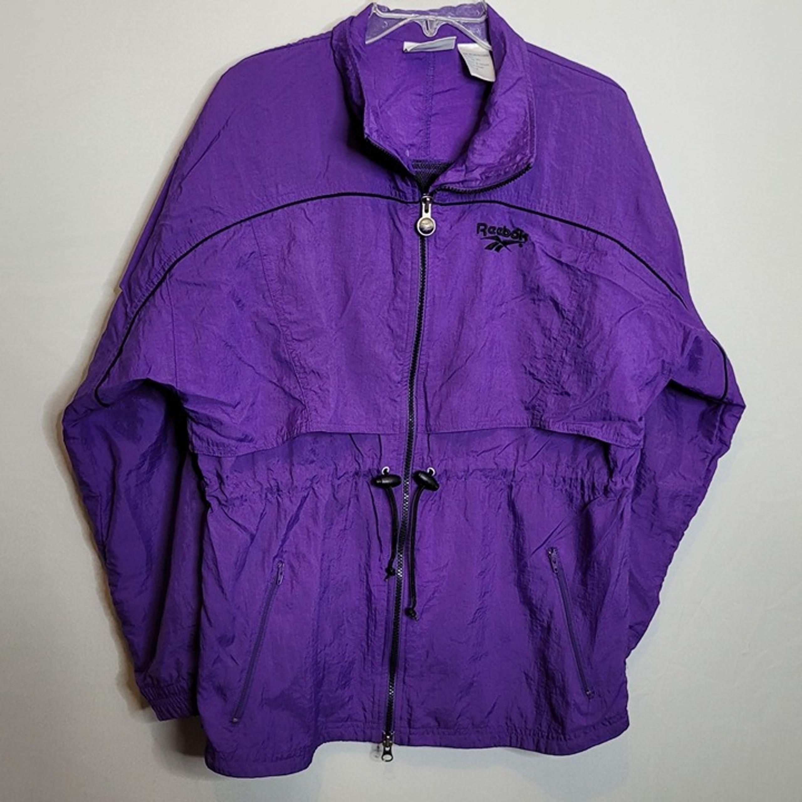 Vintage 90s Reebok Zip Up Windbreaker Purple Black Drawstring Waist Size Small