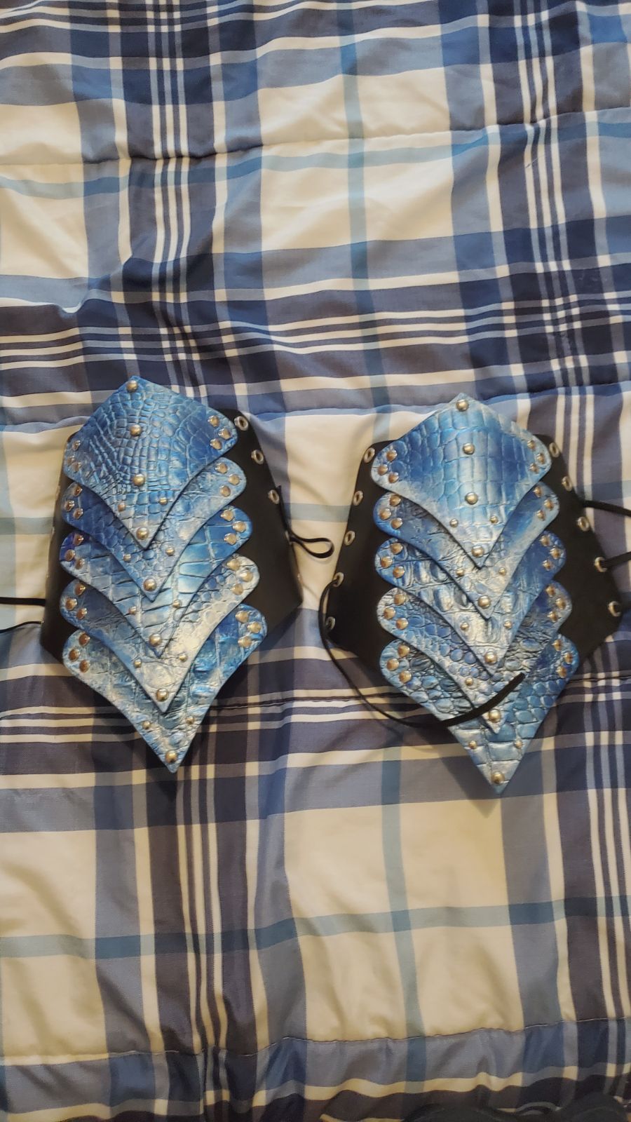 Blue leather handcrafted bracers