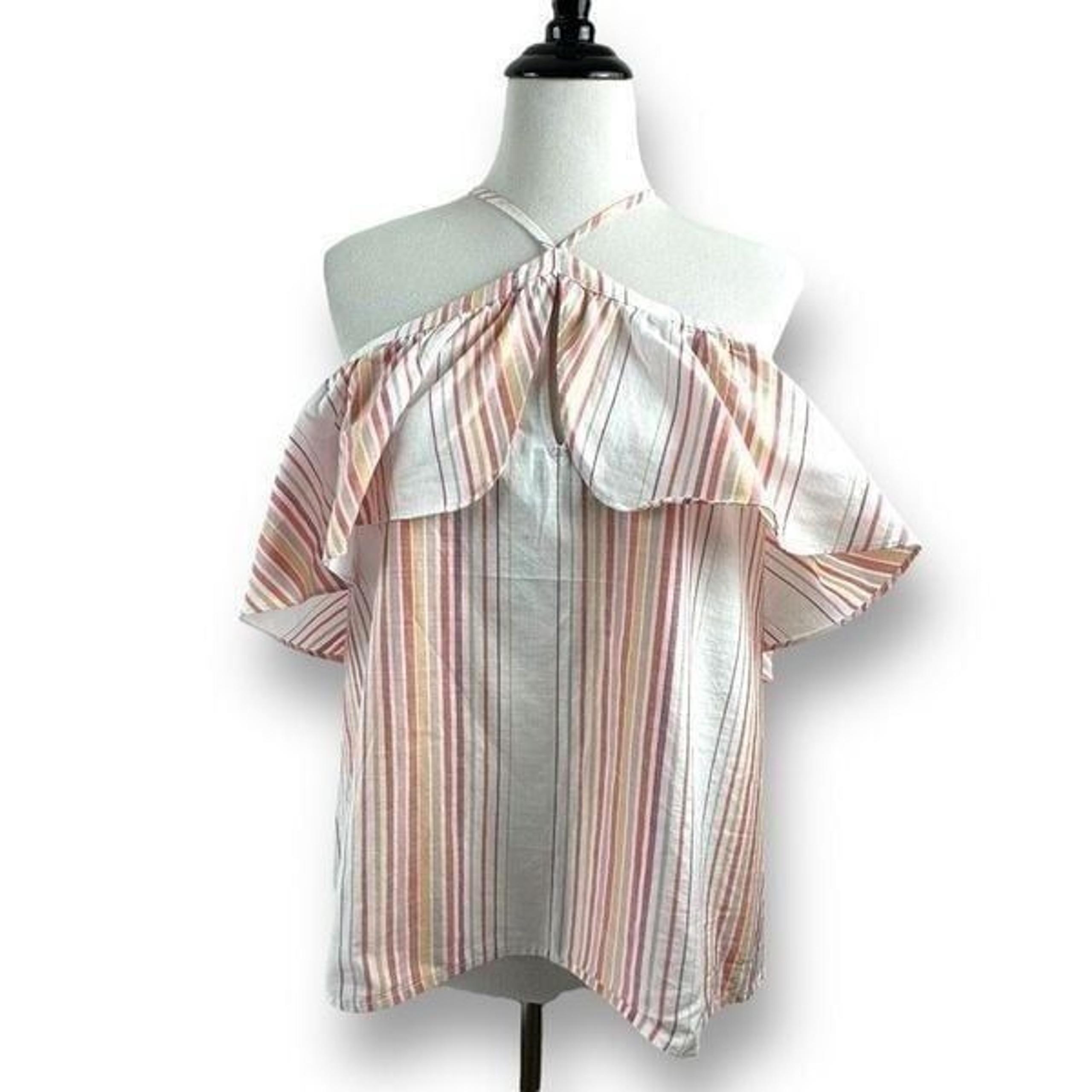 Express Women's Size M Ruffled Halter Top Multicolored Stripe 100% Cotton